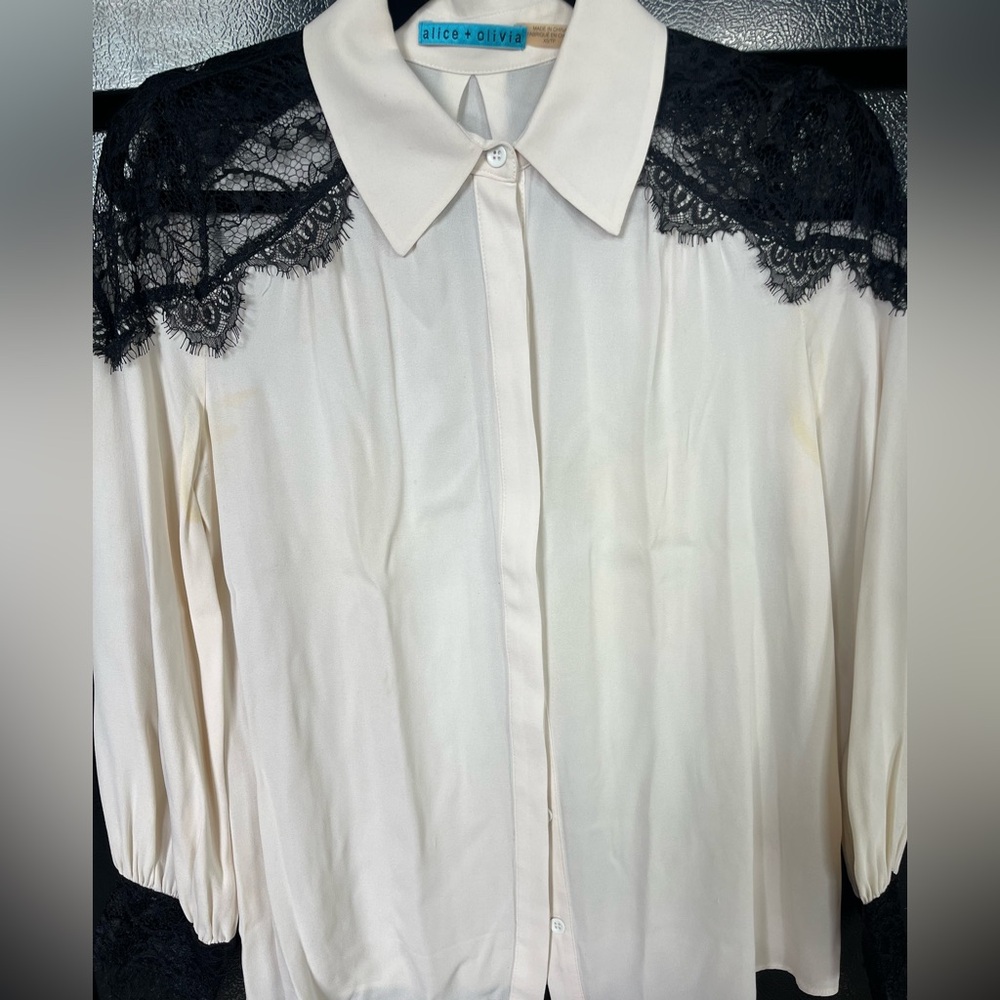 Alice + Olivia Cream and Black 3/4 Sleeve Embellished Blouse